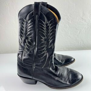 Nocona Boots Cowboy Western Leather Black Embroidered Pointed Toe Heeled Pull On
